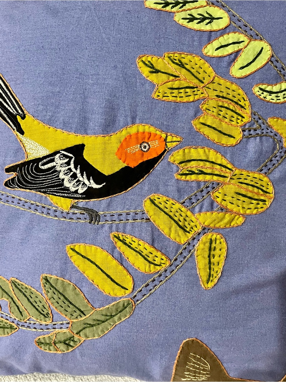 Natural Habitat Appliqué Pillow Made In India Matilda With Bird On Branch 18” Sq - Picture 3 of 7